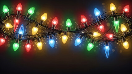 Merry Christmas glowing string lights garland illustration featuring bright multicolor LED bulbs in a vibrant neon painting art style.