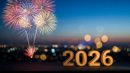 Modern 2026 celebration banner with wooden number blocks and explosive fireworks on a glowing abstract night sky.