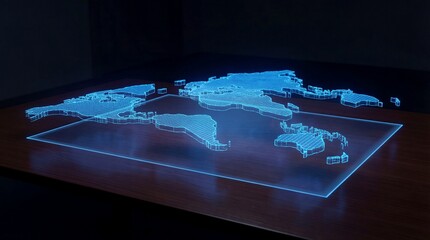Holographic projection of world map in blue light. Digital earth outline floating above wooden table. Futuristic global technology and connectivity concept for international business visualization.