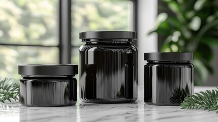 Three dark glass jars sit on marble surface with greenery behind