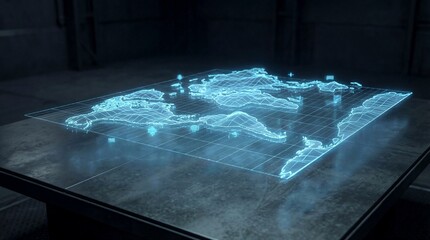 Holographic world map projected on dark table. Blue glowing digital globe visualization. Futuristic global geography and technology concept for data analysis and mapping.