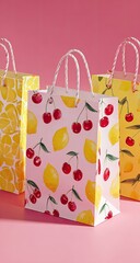 Three gift bags with fruits pattern on pink backdrop, with white cord handles