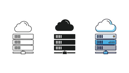 Cloud computing server rack data storage icons set three styles outline, filled and color illustration of network hardware connected to a cloud symbol