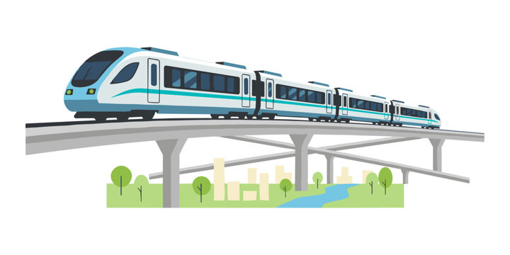 High speed monorail train traveling over city river
