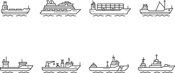 Pixel ship icon set, cargo, cruise, fishing, patrol, and naval vessels on water, vector illustration for maritime, transport, and logistics design