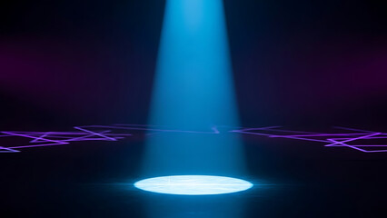 Abstract glittering event design featuring an empty spot with disco light beam and radiant stage projection