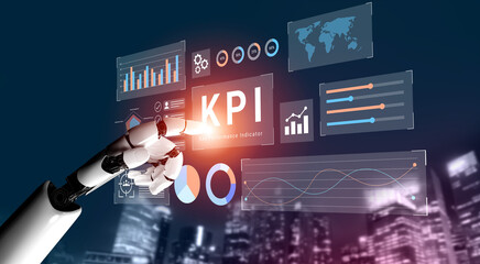 A futuristic robot hand engages with a digital KPI dashboard displaying analytics and data visuals, set against a modern city backdrop, symbolizing innovation in business performance. Gantry
