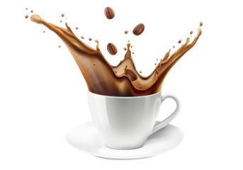 A white coffee cup with a splash of coffee and coffee beans is shown on a white background. The cup is placed on a white plate, and the coffee is spilling out of the cup, creating a beautiful and arti