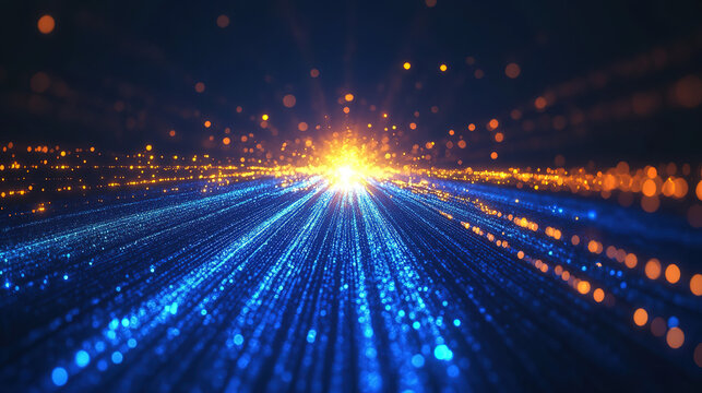 Blue financial data lines flowing into a glowing golden core represent capital inflow and wealth accumulation. Modern, clean, and professional