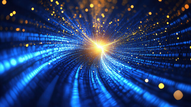 Blue financial data lines flowing into a glowing golden core represent capital inflow and wealth accumulation. Modern, clean, and professional