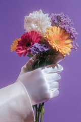 Hand in white glove holding colorful flowers, purple backdrop, soft light