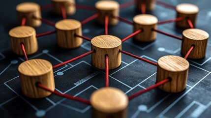 Wooden nodes connected by red strands, a network or diagram on dark surface