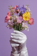 Gloved hand holds colorful spring flower bouquet against a lilac background