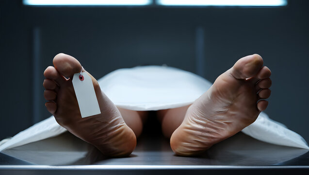 Feet of a person covered by a sheet with a blank tag on the toe in a morgue body