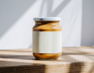 Peanut butter jar mockup with blank label in natural light