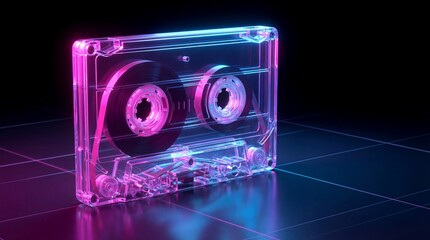 Transparent cassette tape glowing with neon pink and blue hues on dark grid surface. Retro audio storage device in futuristic synthwave style. Nostalgic 80s music technology and vintage digital art