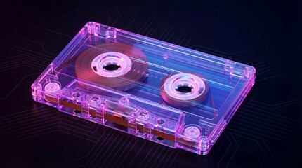 Transparent pink cassette tape on circuit board background. Retro audio storage with futuristic digital design. Nostalgic music technology blending vintage reels and modern tech patterns for media