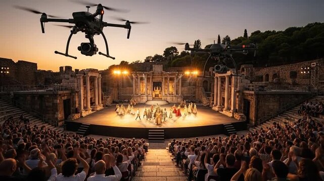 Drones capture aerial footage of outdoor opera performance at ancient amphitheater.
