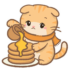 Cute cozy orange tabby cat pouring honey syrup on pancake stack breakfast food illustration kawaii winter scarf kitten clipart for cafe bakery stickers planners scrapbooking