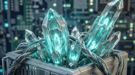Glowing blue crystals wrapped in wires inside metallic server box. Futuristic data storage and technology concept. Cyber innovation in digital world.