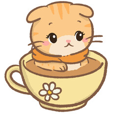 Cute orange tabby cat sitting inside floral teacup cozy warm drink illustration kawaii tea time kitten clipart for stickers planners invitations digital crafts