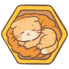 Honeycomb Cozy Cat Sleeping in Sweet Golden Hive Bed Cute Kawaii Winter Bees and Honey Theme Cozy Aesthetic Illustration Clipart