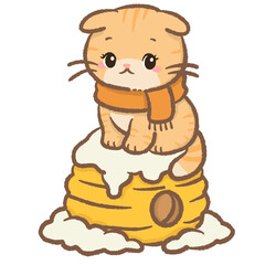 Kawaii honey cat sitting on snowy hive cozy winter scarf adorable feline honeycomb theme sweet yellow tones cute illustration for crafts clipart
