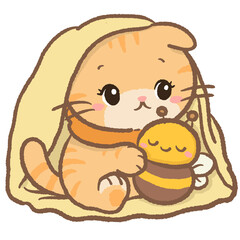 Snuggly Blanket Honey Cat Clipart Cute Orange Kitten Cuddling Bee Plush Under Soft Blanket Cozy Winter Kawaii Character Illustration for Stickers and Craft Projects