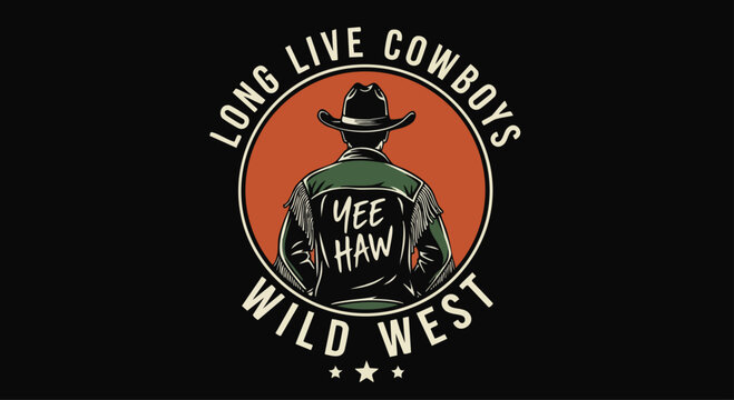 Retro Cowboy Illustration with "Yee Haw" and "Long Live Cowboys".