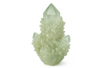 Green quartz crystal cluster showcasing a prominent main point and smaller druzy formations, a natural geological mineral