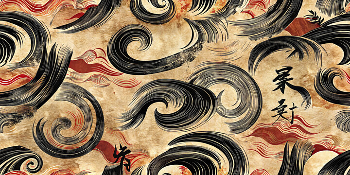 Abstract oriental pattern of black brush strokes and red waves on aged beige paper