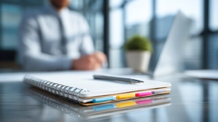 executive and team reviewing annual goals in glass office meeting space