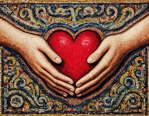 Mosaic Artwork with Hands Holding Heart