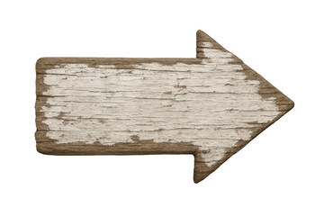 Wooden arrow sign pointing right, showing weathered white paint and rustic texture on transparent background