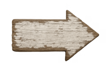 Wooden arrow sign pointing right, showing weathered white paint and rustic texture on transparent background