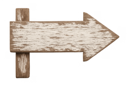Weathered wooden arrow sign pointing right, indicating direction, wayfinding, guidance, with a blank rustic surface for text - Powered by Adobe