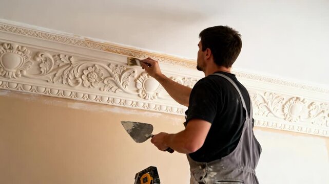 Professional installing decorative plaster crown molding in medium shot illustrating refined artistic patterns creating an elegant transition between ceiling and wall surfaces