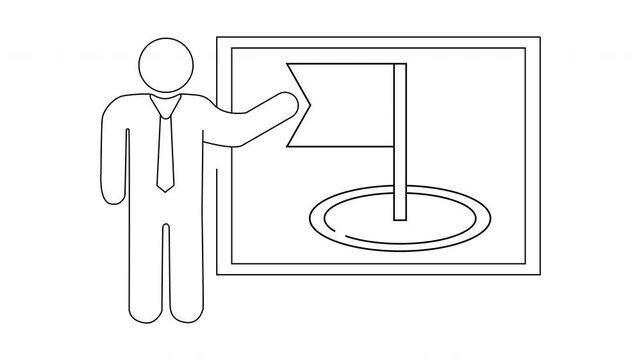 Line drawing Figure in suit pointing at a presentation of a golf green with flag