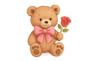 Fototapeta premium Cute teddy bear holding red rose with pink bow