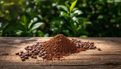 Aromatic Grounds. Coffee Beans and Powder on Rustic Wood with Green Bokeh Backdrop.