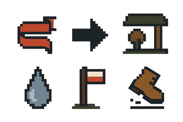 Pixel Art Navigation Icons. Outdoor Navigation Skills pixel icons: route ribbon, direction arrow, shaded rest area, water source droplet, trail signal, steady step icon.