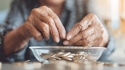 Elderly hands carefully placing coins into a bowl.