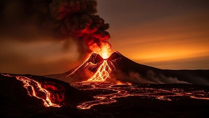 Dramatic night view of a powerful volcanic eruption, with glowing molten lava cascading down the slopes and illuminating the dark landscape under a fiery sky