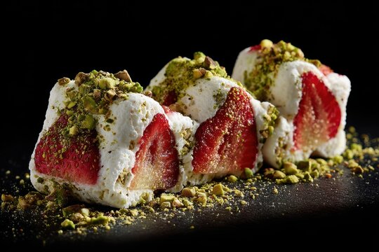 Decadent Ashta Cream Rolls stuffed with fresh Strawberries, garnished with crushed Pistachios, macro shot on dramatic black background.