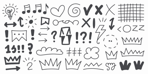 Hand Drawn Comic Icons and Symbols in Simple Black and White Line Art Style for Graphic Design and Illustration