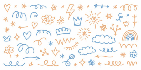 Naklejka premium Hand drawn doodle elements in blue and orange on white background for graphic design