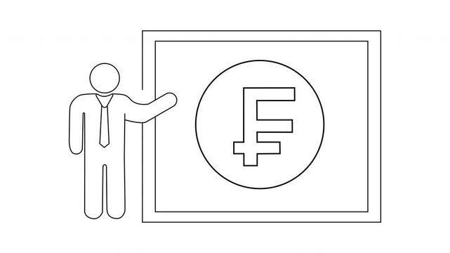 Line drawing man in tie points to board with Swiss Franc symbol