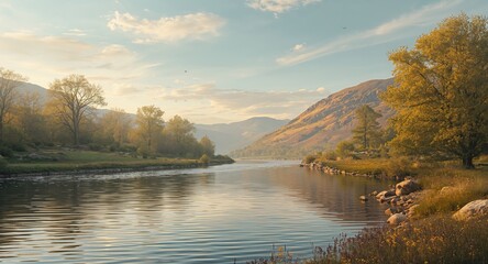 Fototapeta premium Autumn Serenity. A Landscape of Tranquil Waters and Golden Trees in Soft Light.