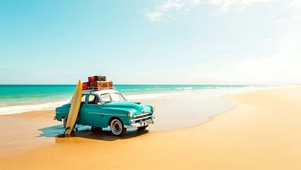 Vintage turquoise car packed for beach road trip adventure