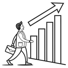 Success Path: A determined individual strides confidently towards rising business metrics, symbolizing growth, progress, and ambition.